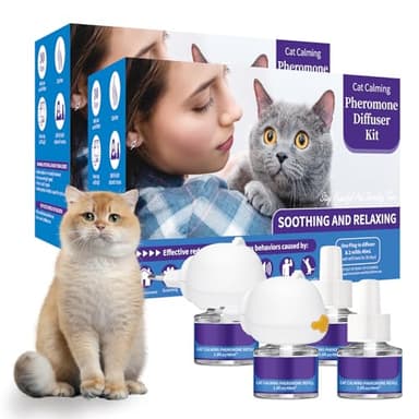 VICSOM Diffuseur Pheromones Chat 6 en 1, 120 Jours Diffuseur Chat Anti Stress, Phéromones pour Chat pour Relaxation, Réduisent l'Anxiété, Diffuseur Feromone pour Chat(1 Diffuseur + 4x48ml Recharges)
