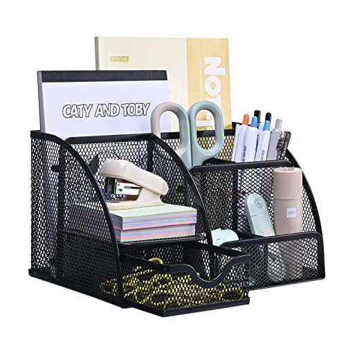 MumdoYAL Organisateur de bureau en maille métallique avec tiroir et porte-stylos pour stylos, notes adhésives, agrafeuses, trombones, compact et élégant pour un gain de place.