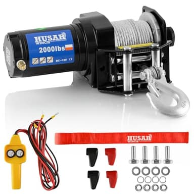 Husar Winch Treuil Électrique 12V, 2000 lbs 907 kg - Corde en Acier de 15 mètres de long, très solide,commande par câble, frein automatique, kit de montage - idéal pour les quads et les ATV/UTV