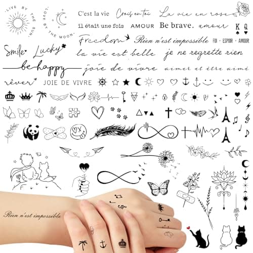 6Feuilles Tatouage Temporaire Français Faux Tatouage Ephémère Etanche Couleur Noire Décoration Fête Cadeau pour Femme Fille
