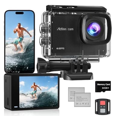 Caméra Sport 4K 60FPS avec Micro SD 64GB,8X Zoom 131ft Caméras Étanche,48MP Caméra d'action EIS,170° Caméra sous-Marine Télécommande WiFi 2 * 1350 mAh Divers Accessoires