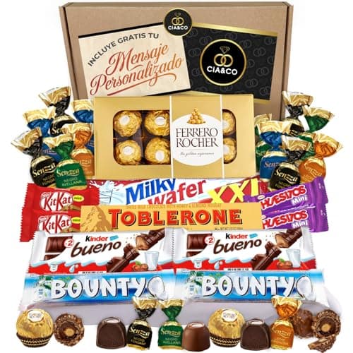 Coffret Bonbons avec +20 Chocolats Ferrero Rocher, Toblerone, Kinder Bueno, Bounty Coconut, Mars, Twix et de délicieuses barres Kit Kat et Huesitos.