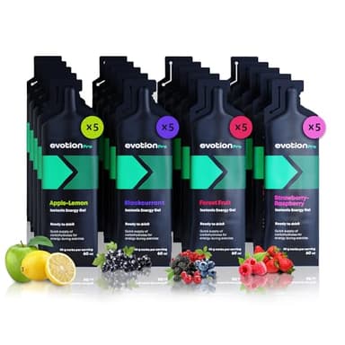 EVOTION PRO Gel Energetique - Isotonique, Lot de 20 á 60ml, D'hydratation adéquat, Activer votre Esprit et vos Muscles, Gel à Base de Maltodextrine, Vegane, Assortiment de Fruits