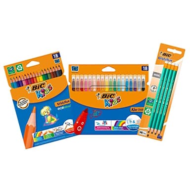 BIC Kit Rentrée des Classes - 18 Feutres de Coloriage Kid Couleur + 18 Crayons de Couleur Kids Evolution + 8 Crayons à Papier HB Original avec Gomme Intégrée, Lot de 3