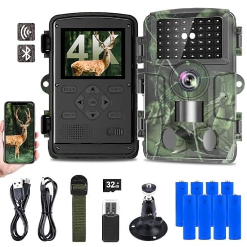 Camera de Chasse, Camera Chasse HD 4K/60MP avec App Mobile, Détecteur de Mouvement, Vision Nocturne, Temps de Déclenchement de 0,05s, Caméra IR Pour Animaux Sauvages avec Carte SD 32GB et 8*Piles AA