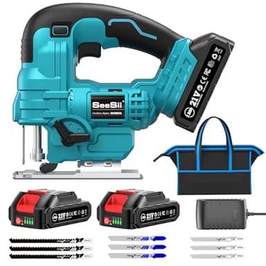 Seesii Scie Sauteuse Sans Fil 21V, Scie Sauteuse Électrique avec 2 × 2.0Ah Batteries, 2800 RPM Vitesse Variable pour la Coupe du Bois, 0°-45° Coupe en Biseau, Lumière LED, 4 Réglages Orbitaux