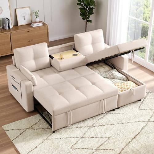 Seyakany Canapé d'angle Convertible avec équipé d'un Espace de Rangement et d'un Porte-gobelet Rabattable,canapé Convertible 3 Places Moderne en Forme de L,canapé lit gigogne,Lin (Beige)