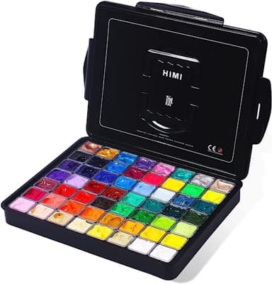 HIMI Set de peinture gouache, 56 couleurs x 30ml dont 8 couleurs métalliques et 6 couleurs néons, design unique en forme de coupe gélifiée dans un étui portable, peinture à l'aquarelle gouache opaque.