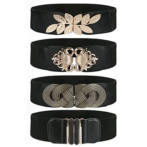 Pomeloone Ceinture élastique Large pour Femmes, 4 Pièces Ceintures de Taille élastiques Noires Vintage pour Femmes, Large Ceinture Rétro, pour un Tour de Taille de 90-105cm