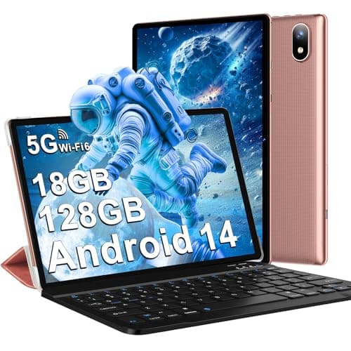 Tablette Android 14 avec 5G Wi-Fi 6, 18 Go RAM + 128 Go ROM(1 To Extensible), FHD Tablette Tactile avec Widevine L1, BT 5.0, 8 cœurs, 6000 mAh, 2 en 1 Tablette 10 Pouces avec Clavier et Souris,Or Rose