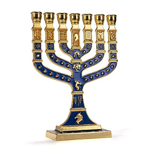 JL Kippha's Bougeoir décoratif Bleu et doré Menorah 7 Branches Hanoukkah Israël