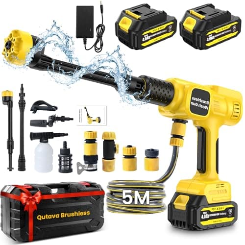Nettoyeur Haute Pression sans Fil 21V - 6 en 1 Buse Multifonction Pistolet Haute Pression 652 PSI avec Tuyau de 5M, 2 x 4000mAh Batteries, pour Nettoyer Voitures, Sol, Les salissures Quotidiennes
