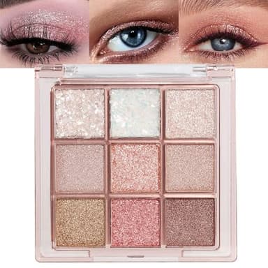 Lilbitty 1 palette de 9 fards à paupières à paillettes, longue durée, pigmentée pour les yeux en rose, blanc, doré, brillant, imperméable, pour femmes et filles