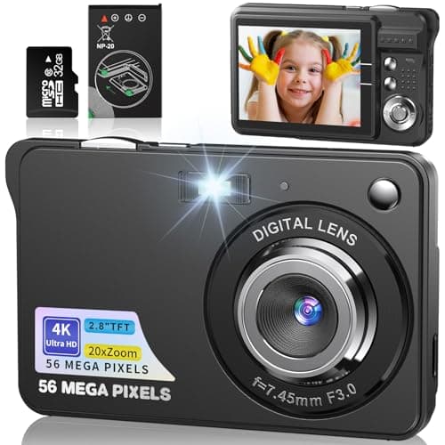 Appareil Photo Numérique 56MP 4K Compact Caméra Zoom Numérique 20X Digital Camera avec Carte de 32 Go pour Étudiant Adulte Débutant Cadeau (Noir)