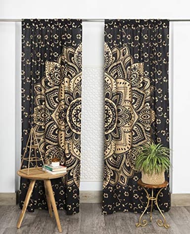 Popular Handicrafts Rideaux bohèmes à motif Mandala - Style indien hippie - Ombré noir et doré