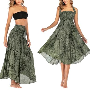 Robe Longue Femme Ete, 2 en 1 Jupe Robe de Plage Boheme Fleurie Ethnique Fluide sans Manche Strap Wrap Taille Unique
