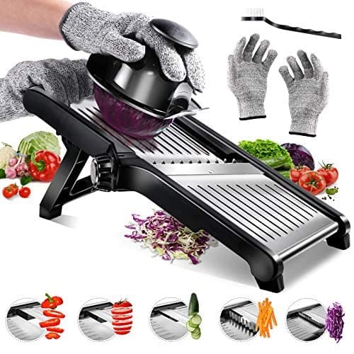 Masthome Mandoline Inox Professionnelle, Mandoline de Cuisine Multifonction à Epaisseur de Tranche Réglable, avec Protège Main et Gants de Sécurité Acier inoxydable Noir