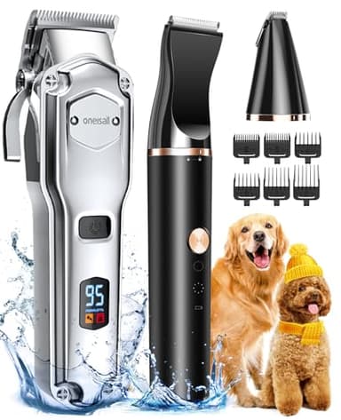 oneisall Tondeuses pour chiens et tondeuse pour pattes de chien 2 en 1, IPX7 imperméable à faible bruit sans fil Tondeuse Chien Professionnelle Poil Long Epais