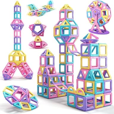 POWLYB Blocs de Construction Magnétiques 60 Pièces, Jeux de Aimantés Construction Magnetiques, Enfants Jouets Jeux de Construction Educatif Cadeau d'anniversaire pour 3 4 5 6 7 8 9 Ans
