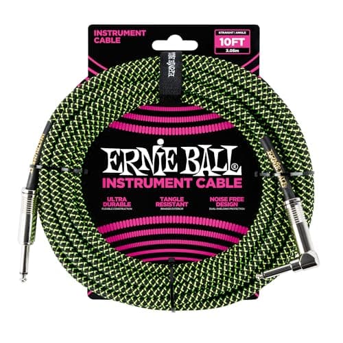 Ernie Ball Câble d’instrument tressé, connecteur droit et coudé, 3 m, noir/vert