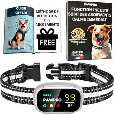 PAWPRO Collier Anti Aboiement pour Chiens, 4 Modes BIP Vibration Choc avec Suivi des Aboiements, Guide de Dressage Inclus, Automatique Rechargeable Étanche, Adapté à Tous Les Chiens, Marque Française