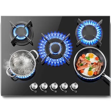 SNDOAS 5 Burner Hob, 70 cm with Automatic Flame Protection, Natural Gas and Propane Gas, Built-in, Black, 10400 W, 220-240 V