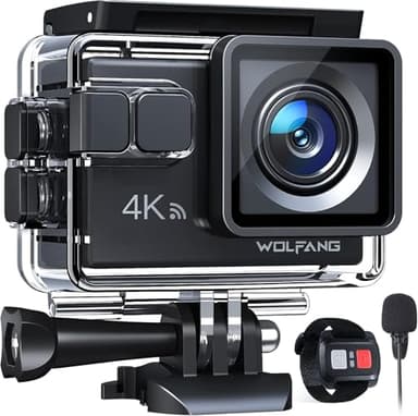 WOLFANG Caméra Sport GA100 4K 30FPS, Caméscope WiFi de 20 MP, Caméra Étanche sous-Marine 40 m avec Double Microphone, télécommande, EIS Anti-Vibration, Batterie 2 x 1050 mAh, Divers Accessoires
