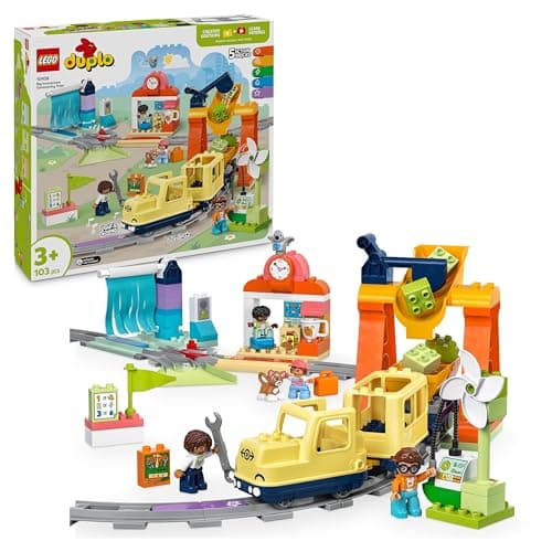 LEGO Duplo Le Grand Train Communautaire Interactif - Jouet Éducatif pour Enfants dès 3 Ans - Locomotive Push&Go avec Sons & Lumières - 16 Rails & 4 Figurines - Cadeau pour Garçon ou Fille 10428