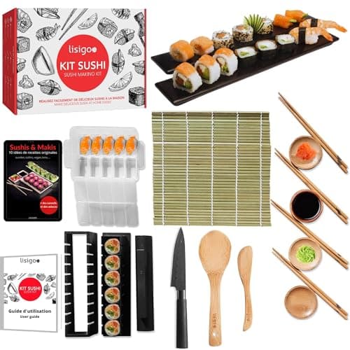 lisigoo Kit sushi maki complet - Sushi maker - Appareil pour fabrication sushi - Coffret avec natte en bambou, couteau japonais, baguettes, moule à sushi, moule à maki - Idée cadeau homme femme