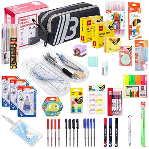 Deli 88 Pcs Kit Fournitures Scolaires Trousse Scolaire Rentrée Scolaire Bureautiques,Trousse, Règle, Stylos, Gommes, Post It Etc, Pour L’école, Bureau, Cadeau,Élève,Enfant