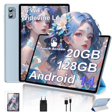 DEERTiME Tablette 10 Pouces, Android 14 Tablette Tactile avec 20Go RAM+128Go ROM(TF Extensible 2To), 8 Cœurs, WiFi 6, 5G+2.4G WiFi/WideVine L1/ BT5.0 / Tablette avec Assurance écran d'un an-Bleu