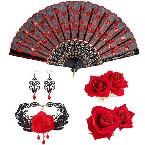 DRESHOW Pince à Cheveux Fleur Rose Tissu Eventail Pliant à Main Ensemble Cheveux Accessoires pour Femmes Danseuse de Flamenco