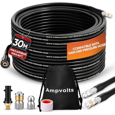 Ampvolts 30M Déboucheur Canalisation Haute Pression - 400 Bar/5800 PSI, Compatible avec Nettoyeurs Haute Pression karcher K2 K3 K4 K5 K6 K7 - Pour un Nettoyage Facile des Tuyaux et Éviers Obstrués