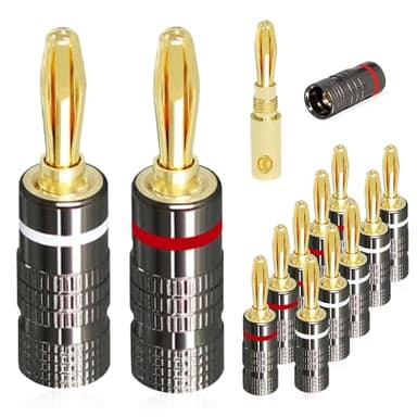 mizikuu 12 Pièces Fiches Bananes, 24K Connecteur Plaqué Or 4,5 mm Fiche Banane pour HiFi Haut-Parleur AV Stéréo Home Cinéma Audio Fil, 6 Rouge Et 6 Blanc