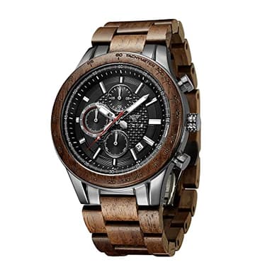 VICVS Montre en Bois et en Acier Inoxydable pour Hommes, chronographe 6 Cadrans chronographe Quartz Loisirs Affaires Multifonction Montre en Bois pour Hommes, Fait à la Main (Walnut Metal)