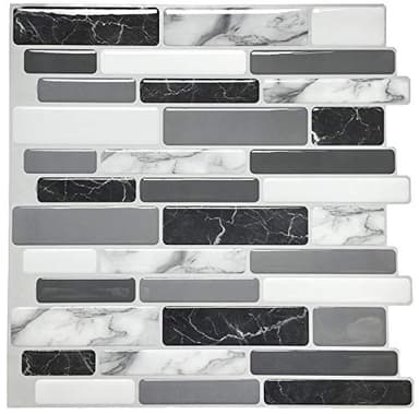 Art3d 10 Pièces,Carrelage Adhésif Noir et Gris avec Motif Marbre,Crédence Cuisine en Vinyle Effet Mosaïque, 30x 30cm