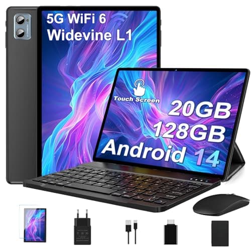 Tablette 10 Pouces Android 14 Tablettes avec 20Go RAM+128Go ROM(TF Extensible 2To), WiFi 6, 5G+2.4G WiFi, Octa-Core, Widevine L1, Bluetooth5.0, GMS Tablette Tactile avec Clavier+Souris et Cas-Noir