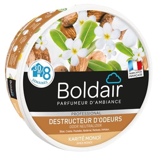 BOLDAIR - Gel destructeur d'odeur Karité Monoï - Neutralise les odeurs - parfume - Produit gel solide - Multi application - durée 8 semaines - 300g - Fabrication française