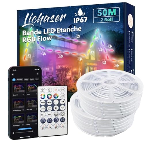 Lichaser 50M IP67 RGB+IC Ruban LED Exterieur Etanche DIY, Suivi, Segmentation de Bandes LED avec Application BT et Télécommande RF pour une Utilisation en Extérieur
