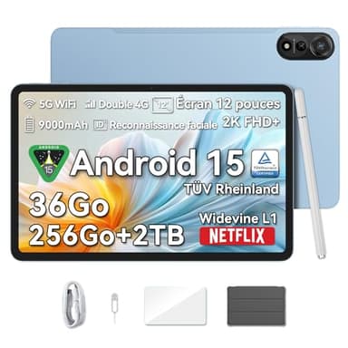 Blackview Mega2 Tablette Android 15, 12 Pouces Tablette 36GB RAM 256GB ROM/2TB TF, Octa-Core T615 Tablette FHD+ 2K Écran, 9000mAh, Caméra AI 16MP + 8MP, Widevine L1, GPS, Bluetooth, Stylet Pen