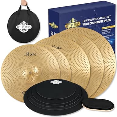 Pack de cymbales à faible volume avec tampons d'atténuation pour batterie, Cymbales 14"/16"/18"/20", Tampons de batterie 10"/12"/13"/14"/16", 1 pad pour grosse caisse, 1 sac à cymbales