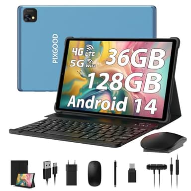PIXGOOD Tablette 10 Pouces 4G LTE et 5G WiFi, Android 14.0 Octa-Core, 36GB RAM, 128GB ROM (1TB Expandable), INCELL 1980 * 1200, 13MP+8MP, Tablette avec Clavier etc, GPS/Bluetooth (Bleu)
