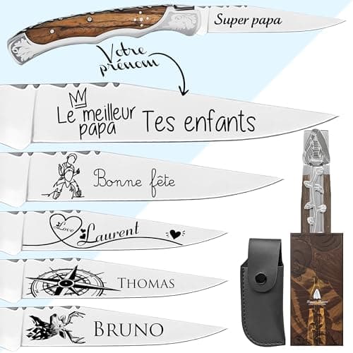 KDO MAGIC - Couteau homme personnalisé - Marque laguiole gravé avec un prénom - Couteau personnalisable - Couleur marron - Cadeau Fête des pères - Idée cadeau pour homme, Papa, Papy - Acier inoxydable