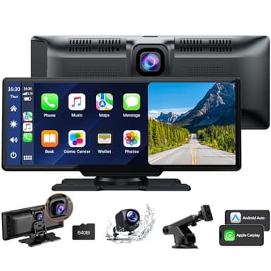 Volam 9,26 Pouces Ecran Carplay Voiture avec Caméra Embarquée Avant 2,5 K, Caméra de Recul 1080p, A-pple Carplay Android Auto sans Fil, Mirror Link, Navigation, G00gle, Siri,FM,AUX,Carte de 64 Go