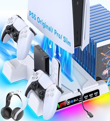 OIVO Support PS5 Slim avec Refroidissement PS5, Ventilateur PS5 avec Indicateur LED et Chargeur PS5, Accessoires PS5 avec Ventilateur de Refroidissement à 3 Niveaux et 14 Emplacements de Jeu