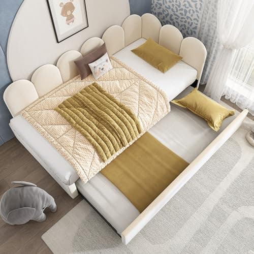 Zepneiy Lit 90x200 avec lit gigogne 90x190, Canapé lit avec parois latérales interchangeables, Lit Rembourré avec sommier à Lattes, Lit Enfant 90x200 Velours Beige (sans Matelas)