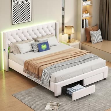 PRTECY Lit Double 140x190cm Lit avec Sommier LED et USB Lits Coffre disposant de 2 tiroirs et Sac de rangementa dapté pour Adultes et Adolescents(sans Matelas) (140 x 190 cm)