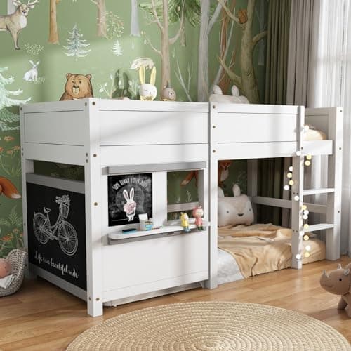 Modern Lit d'enfant 90x200 cm,Blanc Cadre de Lit superposé avec Deux Planches Graffiti avec Petite étagère (Matelas Non Inclus)