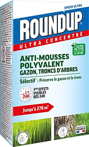 ROUNDUP RMOUSS500 - Anti-mousses Concentré Gazon et Troncs d'Arbres 500 ml - Premiers effets visibles en 24h - Elimine les mousses par simple contact - Produit à base d'acide pélargonique - 276m²