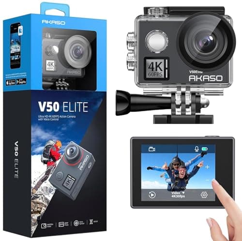 AKASO Caméra Sport 4K 60fps 20MP WiFi Télécommande Commande Vocale Ecran Tactile EIS Caméra Sportive Etanche sous Marine Angle Vision Réglable 8X Zoom 2 Batteries et Kit d'Accessoires V50 Elite
